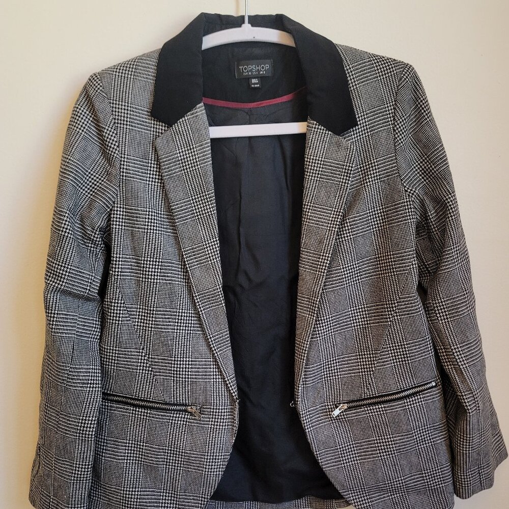 Topshop - Houndstooth Blazer with Metal Zipper Detail - Size 4